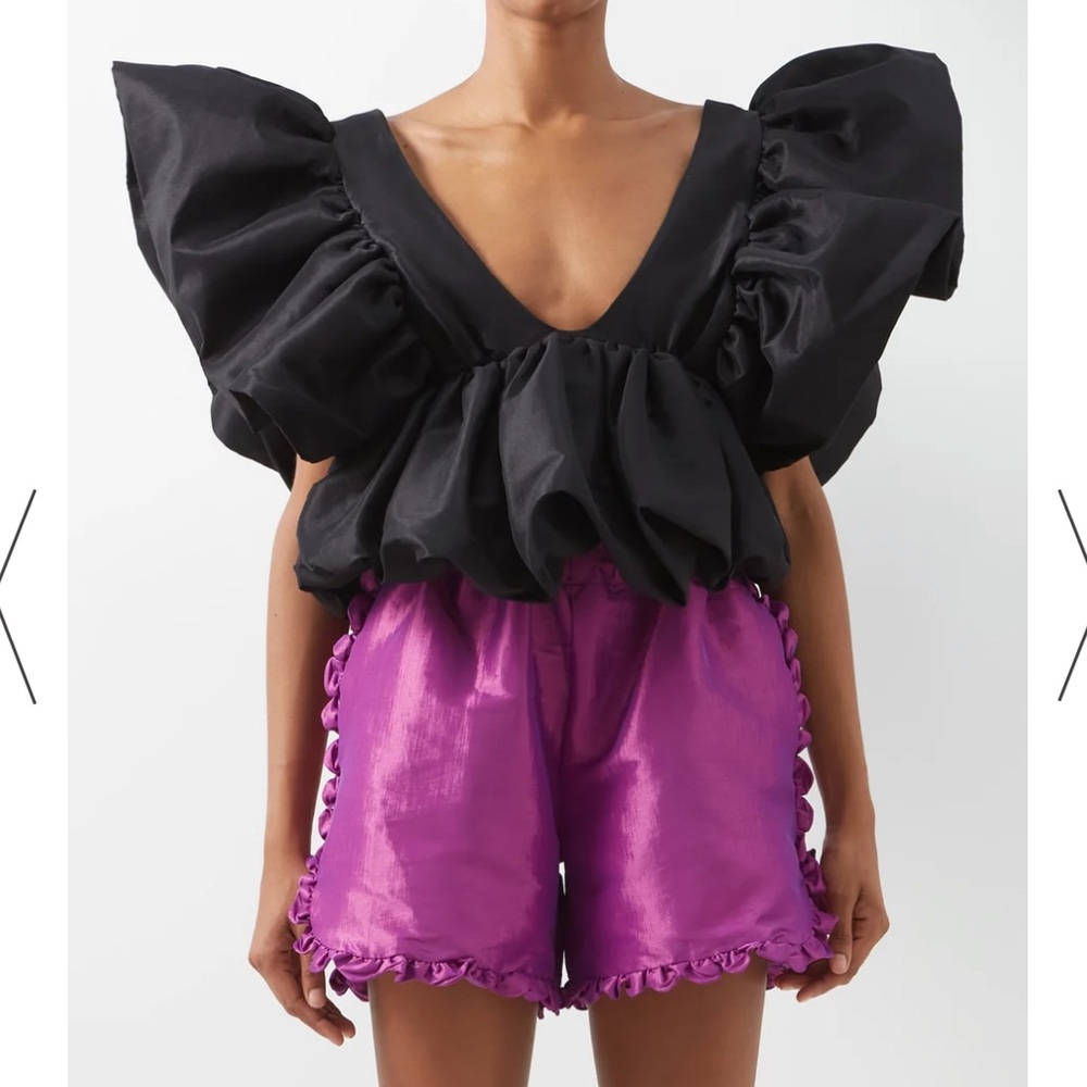 Kika Vargas Nia plunge-front ruffled silk-blend taffeta top